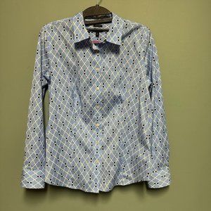 Talbots Geometric Print Long Sleeve Button Up Shirt Blue Wrinkle Free Size 6
